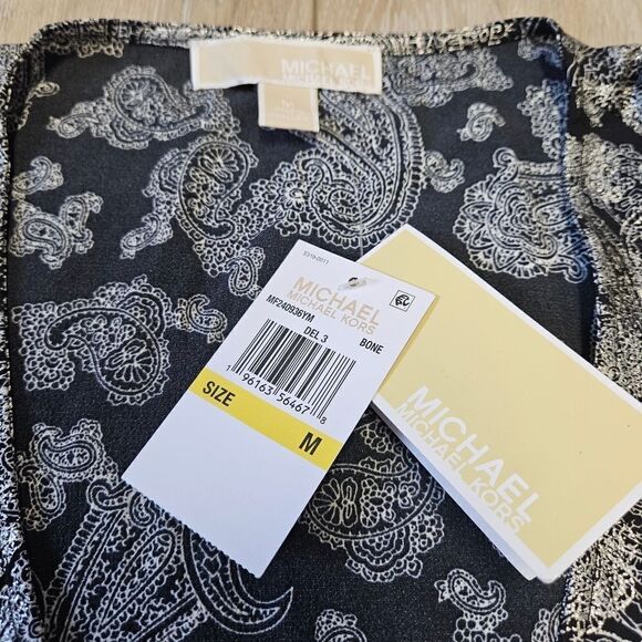 Michael Kors Black Silver Foil Paisley Wrap Top Blouse Women's Medium Tie Side - Picture 10 of 14